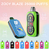 Display of ZOOY Blaze 25000 Puffs disposable vape devices in various colors and flavors, highlighting features like full-screen display, adjustable airflow, double mesh coil, and adjustable power.