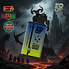 Promotional image for ZOOV vape with blueberry ice and triple melon flavors, showing a large vape device in the foreground and a dark fantasy background with a demonic figure, castle, and warriors; text highlights 30,000 puffs, battery capacity, and nicotine options.