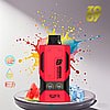 A red Zooy Watermelon Ice vape device stands on a plate with watermelon slices and ice cubes, against a colorful paint splash background featuring product details like 22,000 puffs and 30ml pre-filled liquid.