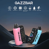 Two colorful GAZZBAR branded vape devices, one pink and one blue with a digital display, set against a dark background with product feature icons highlighting specifications like dual core, 28 mL capacity, and quick charge.
