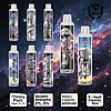 Assorted Crystal Pro Max vape devices floating against a colorful galaxy background, displaying flavors like Skittles, Blueberry, and Strawberry Watermelon with product specifications including charging type C, nicotine strengths of 2% and 5%, 600mAh battery, and 15ml e-liquid capacity.