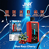 JNR Tank Pro Blue Razz Cherry disposable vape device and packaging, featuring a red body, digital display, and fruit illustration with cherries and blueberries, highlighting specifications like 33,000 puffs, 28mL e-liquid, digital display, dual mesh coil, 850mAh battery, and Type-C charging port.
