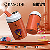 Two orange Bang De disposable vape devices, one upright emitting vapor and one lying down showing a charging port, with branding, 60,000 puffs text, three flavor options, and fruit illustrations for blueberry ice and peach ice.