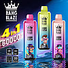 Three colorful Bang Blaze vape devices featuring cartoon monkeys wearing accessories, with product specifications like '4 in 1,' '60000,' '650mah,' 'Type-c,' and 'Digital Display' shown against a vibrant, futuristic background.