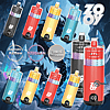 Various colorful Zov vape devices displayed against a fantasy ice dragon background, highlighting features such as adjustable airflow, 1700mAh battery, and Type-C rechargeable port.