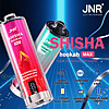 Advertising image for JNR Shisha Hookah Max disposable vape devices, featuring colorful vape pens, product features including 22,000 puffs, triple mesh coil, 29ml e-liquid, 1100mAh battery, adjustable airflow, and battery/liquid display, with prominent branding and flavor information (watermelon, strawberry, bubblegum).