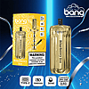 Bang Disposable vape device and packaging for Blueberry Ice flavor, featuring gold design, shisha illustration, and product details including nicotine warning, 1000mAh battery, 30ml capacity, and Type-C charging.