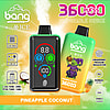 Promotional image for a Bang disposable vape device in pineapple coconut flavor, featuring two colorful vape units with digital displays, product features, a goblin illustration, and images of pineapple and coconut.
