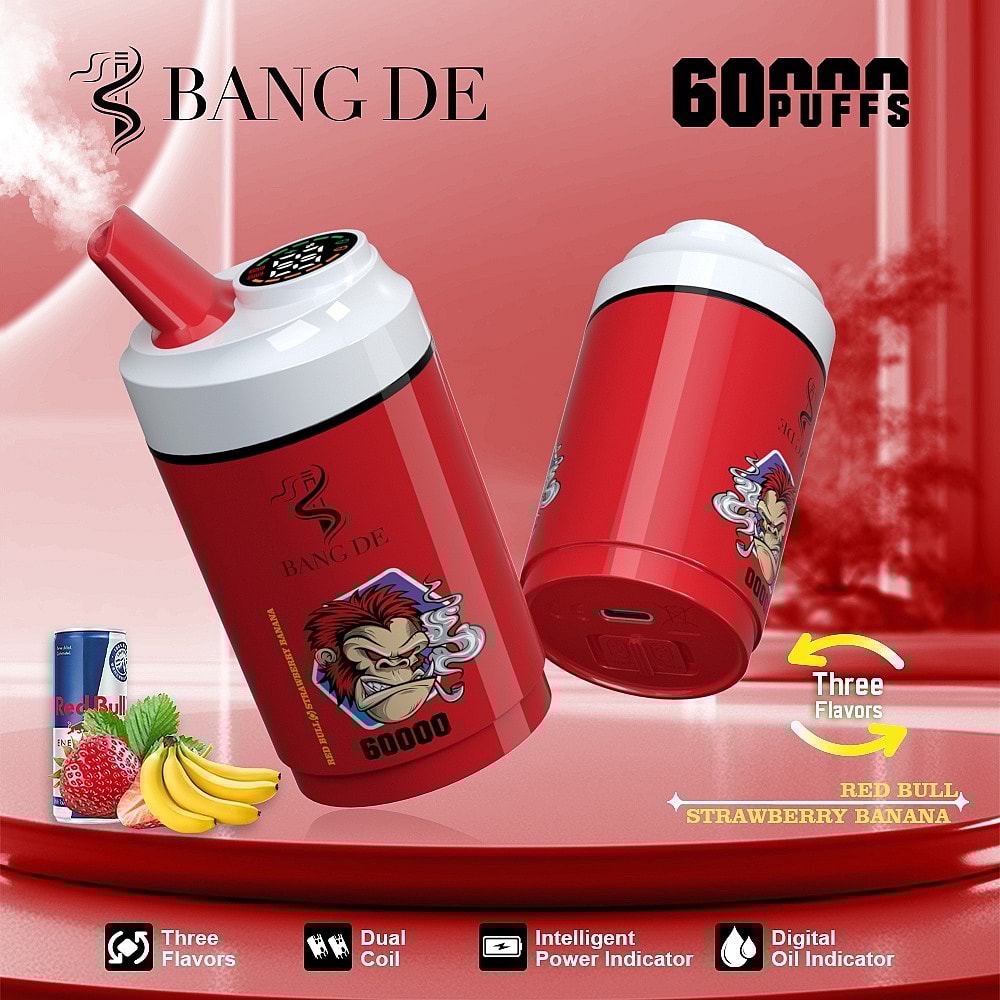 Red disposable vape device labeled 'BANG DE' with a cartoon angry gorilla blowing vapor, advertising 60,000 puffs and three flavors: Red Bull, strawberry, and banana, shown with product features icons at the bottom.