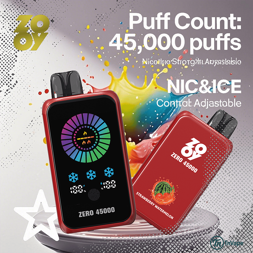 Two red ZOOV ZERO 45000 disposable vape devices, one displaying a colorful digital interface and the other labeled "Strawberry Watermelon" with a fruit graphic, set against a vibrant background with colorful liquid splashes and text highlighting features like 45,000 puffs and adjustable nicotine and ice settings.