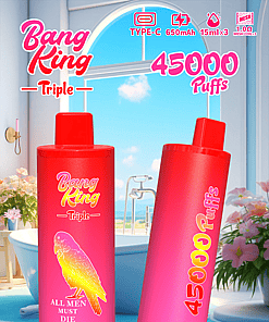 Advertisement for Bang King Triple disposable vapes, highlighting 45,000 puffs, 650mAh battery, three mesh coils, and three flavors; two red-pink vape devices are shown in a bright bathroom setting, with one featuring a yellow-parrot graphic and the text 'All Men Must Die.'