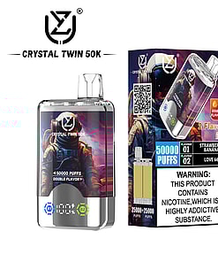 Crystal Twin 50K vaping device and packaging featuring an astronaut illustration, advertising 50,000 puffs with double flavors (strawberry banana and love 66), and a prominent nicotine addiction warning label.