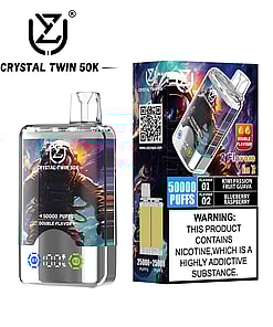 Crystal Twin 50K disposable vape device and packaging featuring an astronaut graphic, 50,000 puffs, double flavor options (kiwi passion fruit guava and blueberry raspberry), and a nicotine addiction warning label.