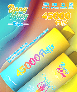 Colorful advertisement for Bang King Triple disposable vaping device featuring two large vapes, product features, flavors, and specifications, with text highlighting 45,000 puffs, type-C charging, 650mAh battery, and three mesh coils.