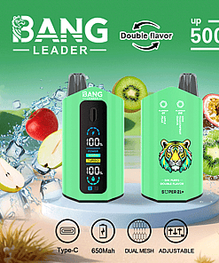 Promotional image for the Bang Leader vape device showing two green devices with LED displays, surrounded by splashing fruit like kiwifruit, apple, and guava, highlighting features such as double flavor, up to 50,000 puffs, USB Type-C charging, 650mAh battery, dual mesh coil, and adjustable settings.