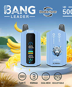 Promotional image for Bang Leader vape featuring two blue devices, a digital display, a tiger graphic, and information about double flavor, up to 50,000 puffs, Type-C charging, 650mAh battery, dual mesh coils, and adjustable settings, with banana and mango fruit graphics in the background.