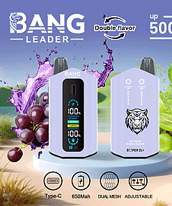 Promotional image for BANG LEADER vape device featuring two devices with digital displays, the text 'Double flavor,' 'up to 50,000 puffs,' and visual elements of purple and green grapes indicating grape flavors; icons highlight Type-C charging, 650mAh battery, dual mesh coils, and adjustable settings.