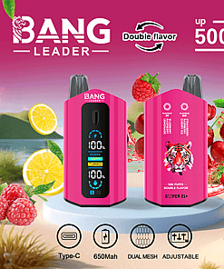Promotional image for Bang Leader disposable vape device in pink, highlighting dual flavors, up to 50,000 puffs, type-C charging, a 650mAh battery, dual mesh feature, adjustable settings, and fruity elements like lemon, raspberry, and strawberry.