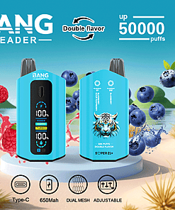 Promotional image of Bang Leader disposable vape device with blue body, digital display, and tiger logo, featuring double flavor (sour raspberry and blueberry), up to 50,000 puffs, USB Type-C charging, 650mAh battery, dual mesh coils, adjustable settings, and images of raspberries and blueberries in the background.