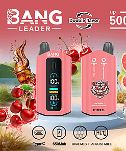 Promotional image for Bang Leader disposable vape showing two pink devices, digital screen features, a tiger logo, and highlighting double flavor options (cherry cola and pink lemonade), with icons for Type-C charging, 650mAh battery, dual mesh, and adjustable power.