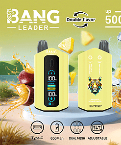 Bang Leader disposable vape devices featuring digital displays, surrounded by splashes of mango and pineapple with ice, highlighting double flavor, up to 50,000 puffs, Type-C charging, 650mAh battery, dual mesh, and adjustable settings.
