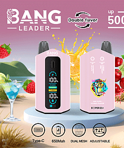 Promotional image for BANG Leader double flavor vape with up to 50,000 puffs, featuring two pink devices, fruit splashes, and icons for Type-C charging, 650mAh battery, dual mesh, and adjustable settings.