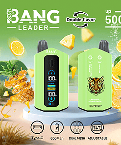 Bang Leader disposable vape device with a tiger logo, digital display, and features like dual flavor, 65,000mAh battery, dual mesh, adjustable settings, and tropical fruit imagery including pineapple and orange slices, promoting up to 50,000 puffs.