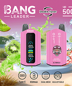 Promotional image for BANG LEADER disposable vape in pink, featuring two devices with digital displays, kiwi and strawberry flavor elements, highlighting dual flavor, up to 50,000 puffs, 650mAh battery, Type-C charging, dual mesh coils, and adjustable settings.
