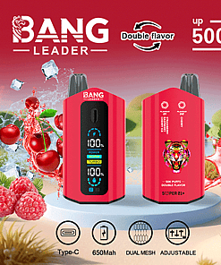 Promotional image for the Bang Leader disposable vape featuring two red vape devices with a digital display, surrounded by cherries, strawberries, raspberries, and ice cubes, highlighting double flavor, up to 50,000 puffs, USB Type-C charging, 650mAh battery, dual mesh coil, and adjustable settings.