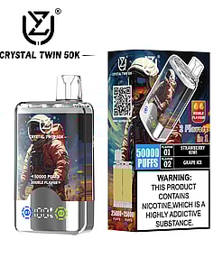 Crystal Twin 50K vape device and packaging featuring a graphic of an astronaut in a red suit, highlighting 50,000 puffs, double flavor (Strawberry Kiwi and Grape Ice), and a nicotine warning label.