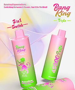 Colorful advertisement for the Bang King Triple vape, highlighting a 3-in-1 rotating switch for three flavors, 45,000 puffs, type-C charging, 650mAh battery, 15ml x 3 e-liquid capacity, and mesh coils, with the device decorated in pink and green with a lion logo.