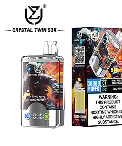 Crystal Twin 50K vape device and packaging featuring a sci-fi astronaut graphic, promoting 50,000 puffs, double flavor (kiwi passion fruit guava and two apple), with a large warning label about nicotine addiction.