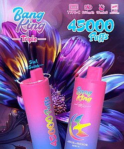 Colorful advertisement for Bang King Triple disposable vape device featuring two pink and blue gradient cylinders, text highlighting 45,000 puffs, 3-in-1 switch, and flavors including strawberry kiwi, sour mango pineapple, and Red Bull, with a large flower in the background.