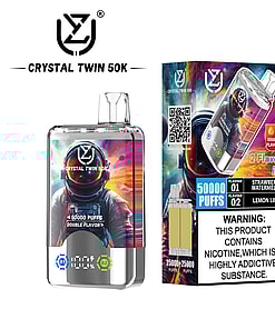 Crystal Twin 50K disposable vape with colorful astronaut artwork, featuring two flavors—strawberry watermelon and lemon lime—with 50,000 puffs indicated and a nicotine addiction warning label on the packaging.