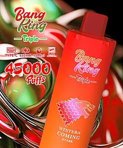 Advertisement for the Bang King Triple disposable vape device featuring 45,000 puffs and three rotating flavors—tropical fruit, strawberry watermelon, and lemon peach—displayed with bold, colorful text and a prominent image of the red vaping device labeled 