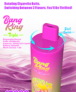 Colorful promotional image for the Bang King Triple disposable vape device featuring a rotatable mouthpiece for switching between three flavors (Pineapple Coconut, Strawberry Banana, Blue Razz), 45,000 puffs, 650mAh battery, and 15ml capacity per flavor.