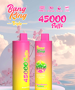 Advertisement for Bang King Triple disposable vape featuring two pink and yellow vape devices with 45,000 puffs, type-C charging, 650mAh battery, and three flavors: strawberry raspberry, triple melon, and sour mango pineapple, set against a soft floral and pastel sky background.