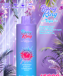 Colorful advertisement for the Bang King Triple disposable vape, highlighting 45,000 puffs, 650mAh battery, type-C charging, three 15ml e-liquid capacities, and rotating between raspberry watermelon, mango peach, and strawberry kiwi flavors, set against a vibrant purple floral background.