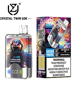 Crystal Twin 50K vape device and packaging featuring a colorful astronaut illustration, prominent branding, flavor details (watermelon ice and mixed berries), and a nicotine addiction warning.