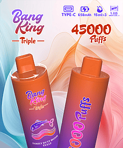 Colorful advertisement for Bang King Triple disposable vape, featuring two orange and purple devices, highlighting 45,000 puffs, Type-C charging, 650mAh battery, 15ml x3 capacity, and mesh coils.