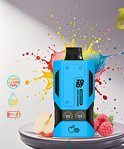 Blue Zooy Apple Raspberry vape device in front of colorful paint splashes with apples and raspberries on a plate, highlighting key product features like 22,000 puffs and 30ml pre-filled liquid.