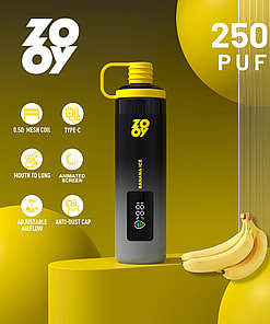 Promotional image for ZOOY Banana Ice vape displaying the device with a digital screen, surrounded by bananas and yellow spheres, and highlighting features like 25,000 puffs, mesh coil, Type-C charging, animated screen, anti-dust cap, adjustable airflow, and mouth-to-lung capability.