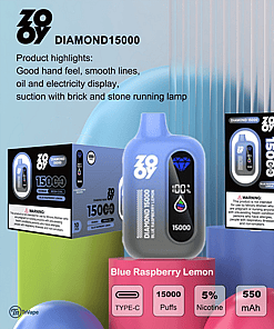 Promotional image for ZOOY Diamond15000 disposable vape in Blue Raspberry Lemon flavor, showing the device and packaging with product features like 15000 puffs, 5% nicotine, 550mAh battery, oil and power display, Type-C charging, and a warning for users 21 and older.