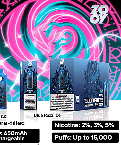 Promotional image for Zovoo Blue Razz Ice disposable vape, featuring a blue and black device, product box, and pack, with a neon blue and pink vortex background; highlights include 26ml pre-filled e-liquid, 650mAh rechargeable battery, nicotine levels of 2%, 3%, 5%, and up to 15,000 puffs.