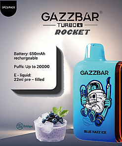 Gazzbar Turbo Rocket Blue Razz Ice disposable vape device with astronaut cartoon design, vaping specifications, and a cup of blueberry yogurt dessert shown beside it.
