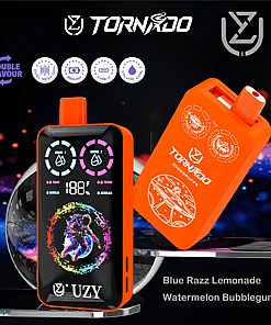 Promotional image for the Tornado UZY vape device featuring a digital display with colorful graphics, an astronaut illustration, orange casing, and flavors labeled as Blue Razz Lemonade and Watermelon Bubblegum.