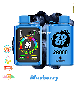 Two blue ZOOY blueberry flavored disposable vape devices with digital display, set against a background of blueberries, with text highlighting 28,000 puffs, 32ml pre-filled liquid, and multiple nicotine strengths.