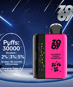 Promotional image for a Zooy disposable vape featuring a pink and black device labeled 'Blueberry Cherry Cranberry' with 30,000 puffs, nicotine strengths of 2%, 3%, or 5%, a 3D curved LED screen, and Type-C charging, set against a starry night sky with shooting stars.