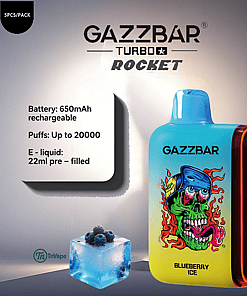 Promotional image of a GAZZBAR Turbo Rocket vape in Blueberry Ice flavor, featuring a colorful cartoon skull on the device and product details highlighting 650mAh battery, up to 20,000 puffs, and 22ml pre-filled e-liquid; an ice cube with blueberries appears in the foreground.