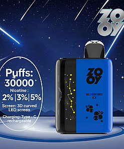 Promotional image of a ZOOY Blueberry Ice vape device with a 3D curved LED screen, featuring product details including 30,000 puffs, nicotine options of 2%, 3%, or 5%, and Type-C rechargeable charging, set against a night sky with shooting stars.